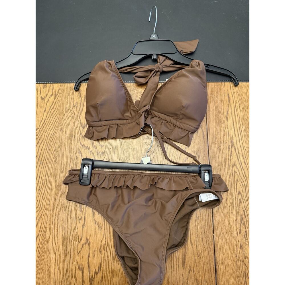 Tahari Brown Ruffle Halter Bikini Set XL UPF 40+ Flex Cups Support 2 Piece